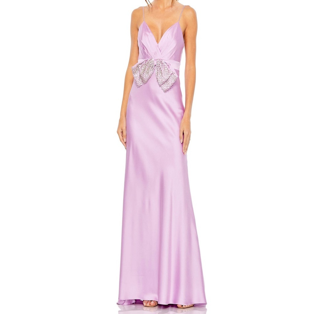 Mac Duggal | V-neckline Low Cut Back Embellished Waist bow Satin Dress - Picture 1 of 6